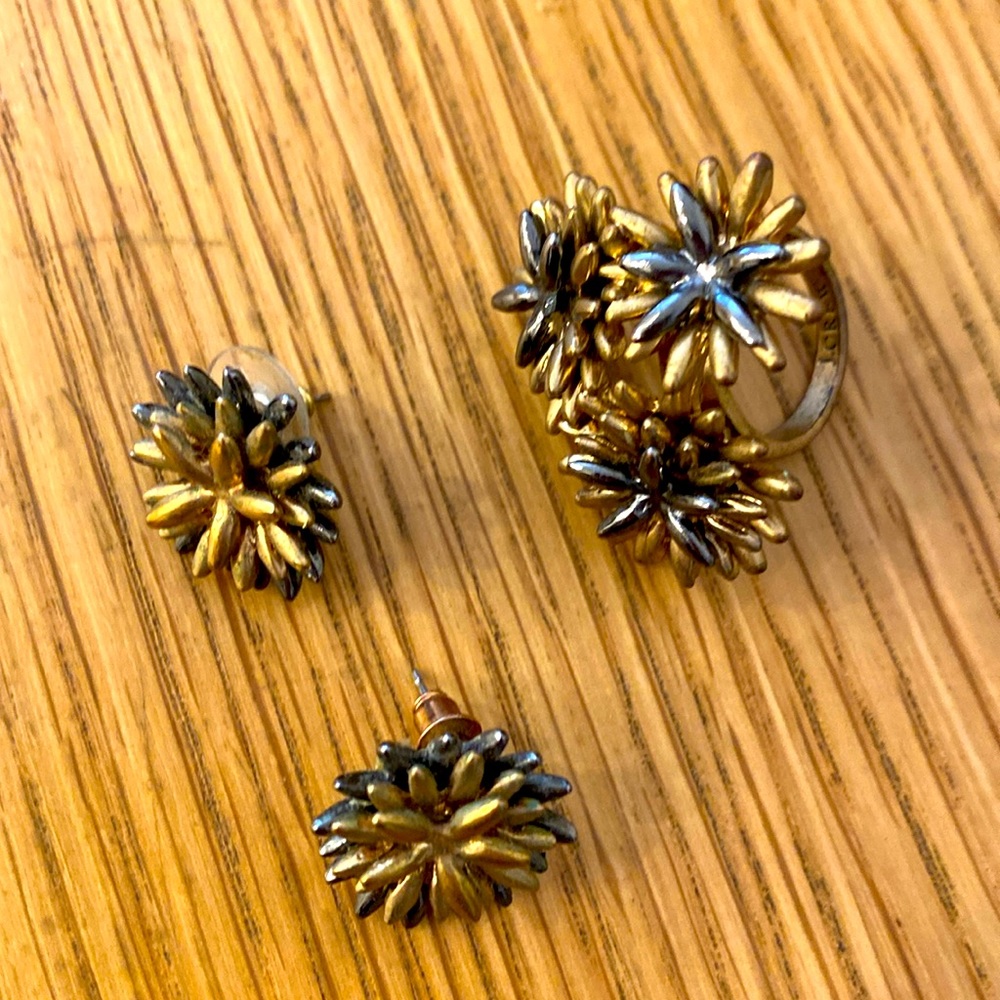 J. Crew statement chrysanthemum ring and earrings